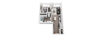 A floor plan of a small apartment with a kitchen, living room, and bathroom.