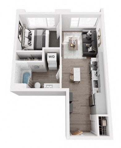 A floor plan of a small apartment with a kitchen, living room, and bathroom.