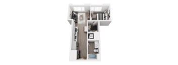 A floor plan of an apartment with a living room, kitchen, and two bedrooms.