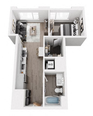 A floor plan of an apartment with a living room, kitchen, and two bedrooms.