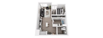 A top-down view of a modern living room with a couch, coffee table, and a plant.