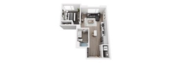 A white and wood floor plan of a small apartment with a kitchen, living room, and bathroom.