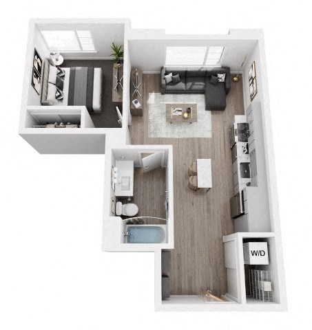 A white and wood floor plan of a small apartment with a kitchen, living room, and bathroom.