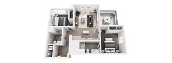 A 3D floor plan of a house with a living room, kitchen, and bedrooms.