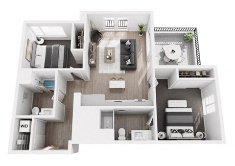 A 3D floor plan of a house with a living room, kitchen, and bedrooms.