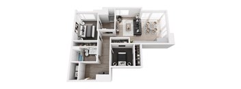 A top-down view of a modern apartment layout.