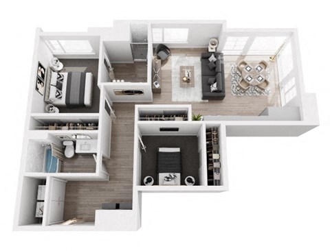 A top-down view of a modern apartment layout.