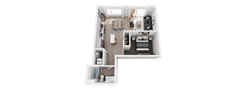 A top-down view of a small apartment with a kitchen, living room, and bathroom.