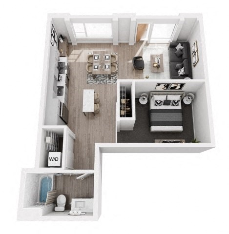 A top-down view of a small apartment with a kitchen, living room, and bathroom.