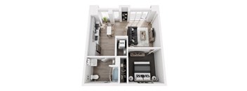 A top-down view of a modern apartment layout with a living room, kitchen, and bathroom.
