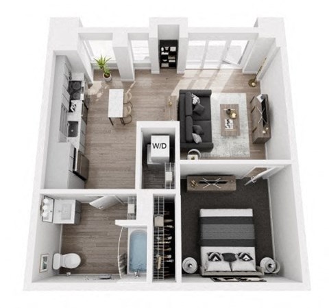 A top-down view of a modern apartment layout with a living room, kitchen, and bathroom.