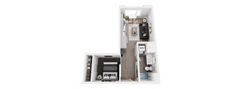 A top-down view of a small apartment with a bedroom, living room, and kitchen.