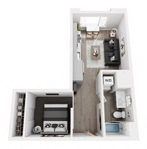 A top-down view of a small apartment with a bedroom, living room, and kitchen.
