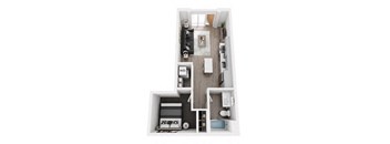 A top-down view of a small apartment with a kitchen, living room, and bathroom.