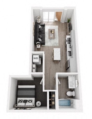 A top-down view of a small apartment with a kitchen, living room, and bathroom.
