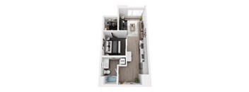 A top-down view of a small apartment with a kitchen, living room, and bathroom.