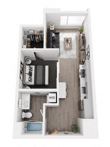 A top-down view of a small apartment with a kitchen, living room, and bathroom.