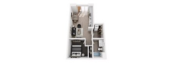 A top-down view of a small apartment with a kitchen, living room, and bedroom.