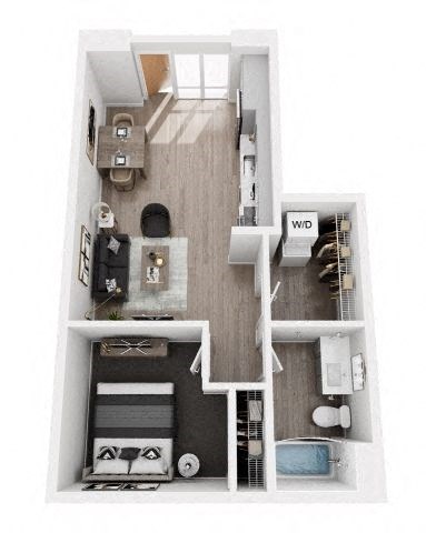A top-down view of a small apartment with a kitchen, living room, and bedroom.