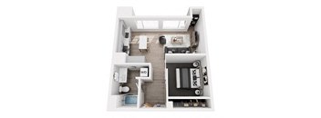 A top-down view of a small apartment with a living room, kitchen, and bathroom.