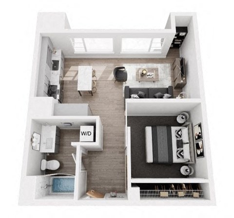 A top-down view of a small apartment with a living room, kitchen, and bathroom.