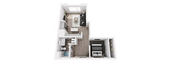A top-down view of a small, modern apartment with a kitchen, living room, and bedroom.