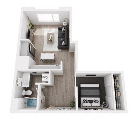 A top-down view of a small, modern apartment with a kitchen, living room, and bedroom.