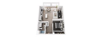 A top-down view of a small apartment with a living room, kitchen, and bedroom.
