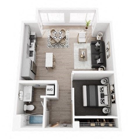 A top-down view of a small apartment with a living room, kitchen, and bedroom.