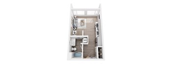A top-down view of a small apartment with a kitchen, living room, and bathroom.