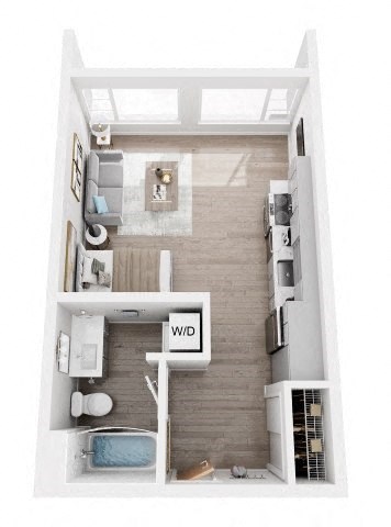 A top-down view of a small apartment with a kitchen, living room, and bathroom.