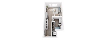 A top down view of a small apartment with a kitchen, living room, and bathroom.