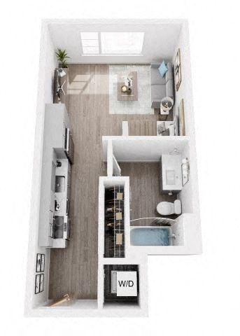 A top down view of a small apartment with a kitchen, living room, and bathroom.