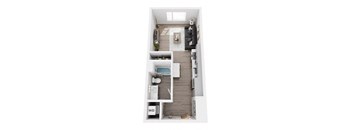 A top-down view of a small apartment with a kitchen, living room, and bathroom.