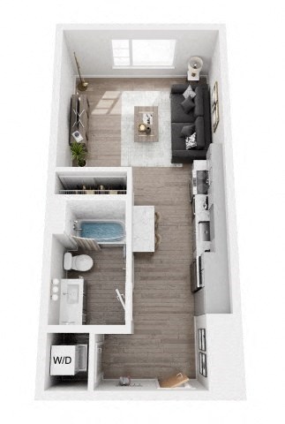 A top-down view of a small apartment with a kitchen, living room, and bathroom.
