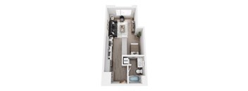 A top-down view of a small apartment with a living room, kitchen, and bathroom.