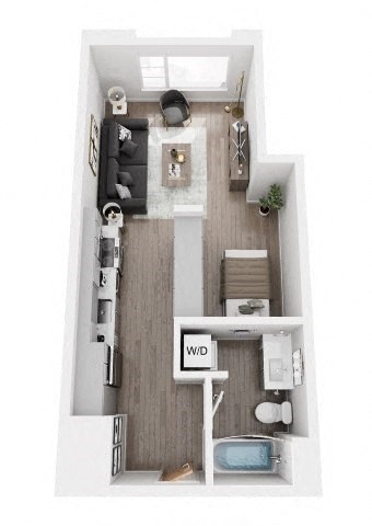 A top-down view of a small apartment with a living room, kitchen, and bathroom.