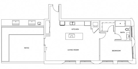 A floor plan of a house with a living room, bedroom, kitchen, and bathroom.