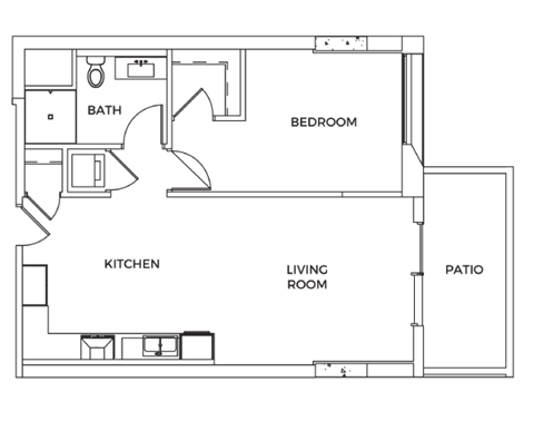 A floor plan of a house with a bedroom, bathroom, kitchen, living room, and patio.