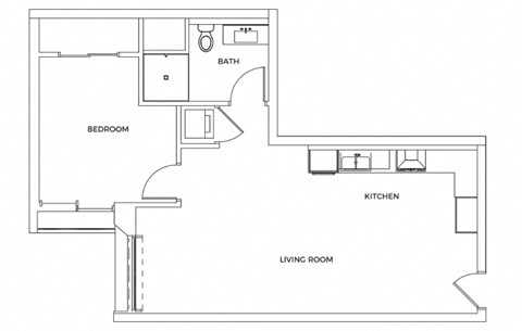 A floor plan of a house with a bedroom, bathroom, kitchen, and living room.