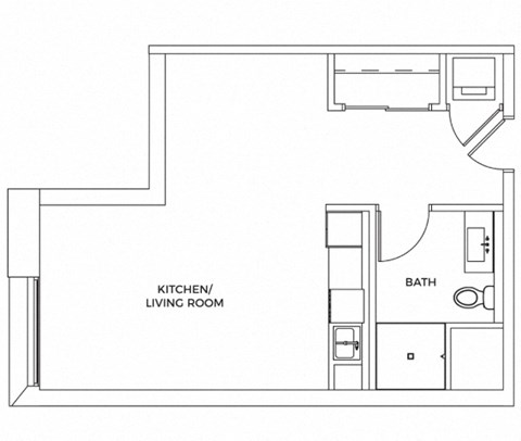 A floor plan of a small apartment with a kitchen/living room and a bathroom.