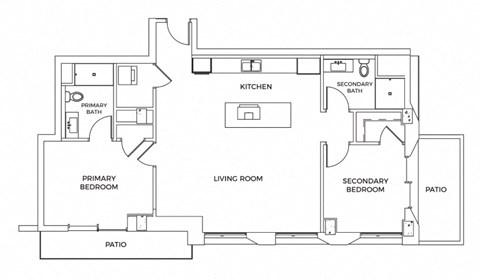 A floor plan of a house with a kitchen, living room, two bedrooms and a patio.