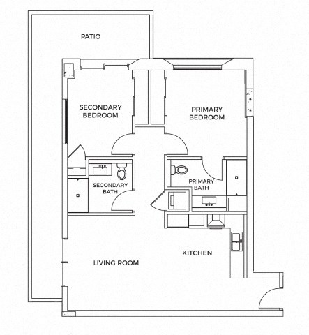 A black and white image of a house floor plan with a living room, kitchen, two bathrooms, and two bedrooms.