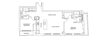 A floor plan of a house with a dining room, living room, two bedrooms, a bathroom, and a balcony.