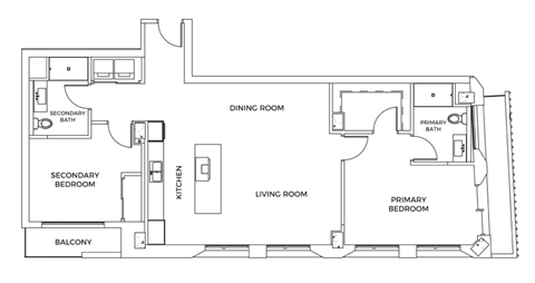 A floor plan of a house with a dining room, living room, two bedrooms, a bathroom, and a balcony.