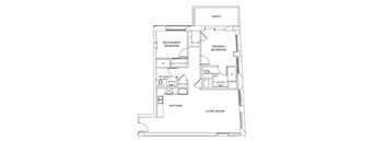 A floor plan of a house with a living room, kitchen, two bedrooms, and a bathroom.
