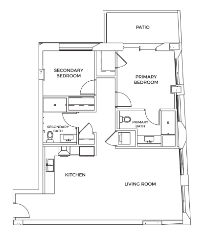 A floor plan of a house with a living room, kitchen, two bedrooms, and a bathroom.