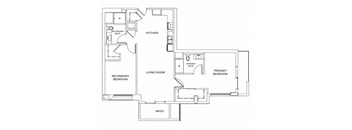 A black and white floor plan of a house with a kitchen, living room, two bedrooms, a bathroom, and a patio.