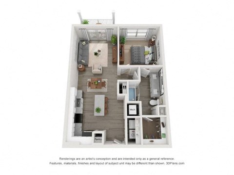A 3D floor plan of a small apartment with a kitchen, living room, and bathroom.