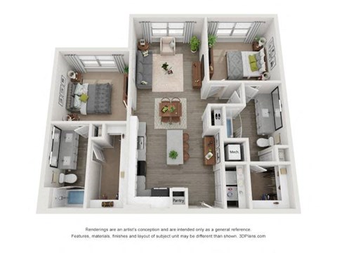 A 3D floor plan of a house with a kitchen, living room, bedrooms and bathrooms.